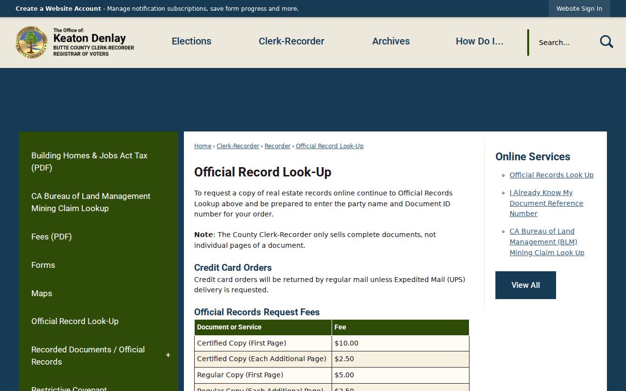 Chico people search Butte County recorder copy fee page