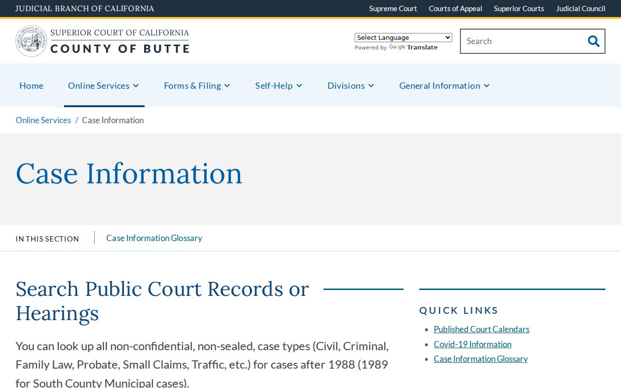 Chico people search Butte Superior Court case information page