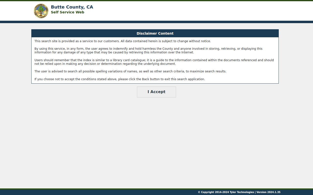 Chico people search Butte County Official Records disclaimer